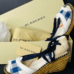 Burberry Check Espadrille Wedge Sandals with Navy Ties In Original Box, Bag etc
